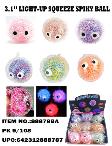 3.25"LIGHT UP SQUEEZE GLITTER SPIKY BALL W/EYE AND YOYO