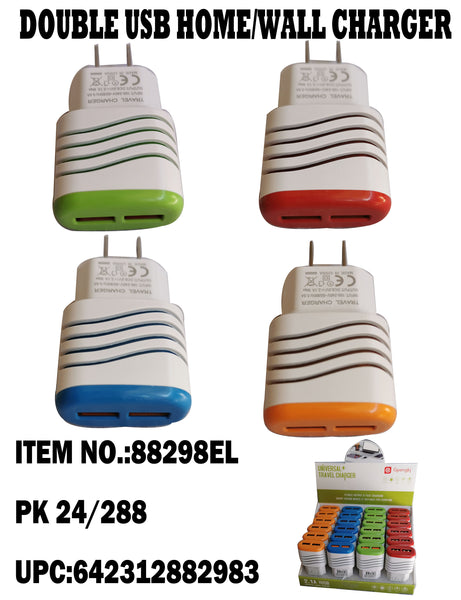 2.1 AMP COLOR STRIPEDUAL WALL CHARGER IN DISP BOX