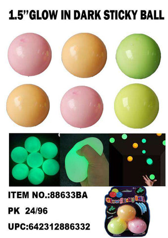 1.75" LUMINOUS STICKY N STRETCHY BALL 3PCS BALL BLISTER CARD